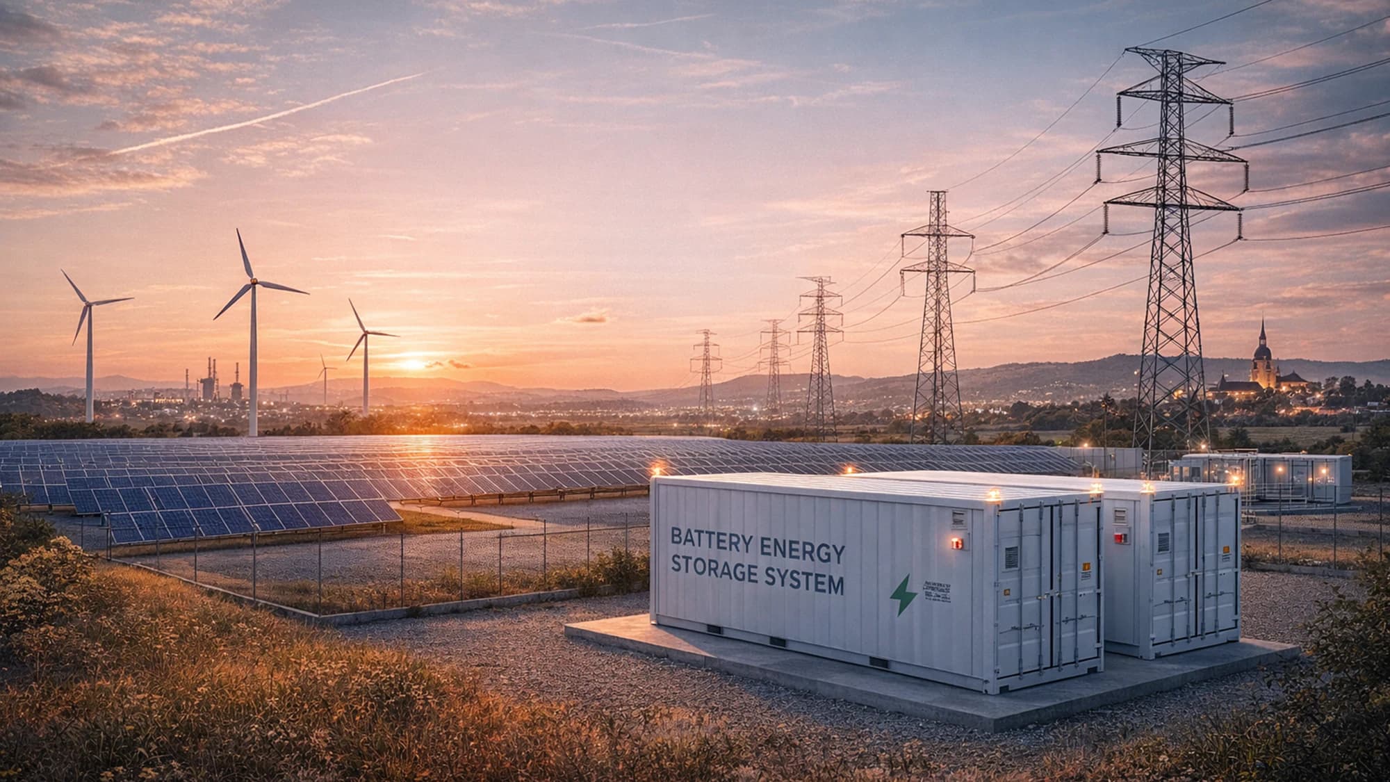 Concept illustration of a European solar, wind and battery energy site
